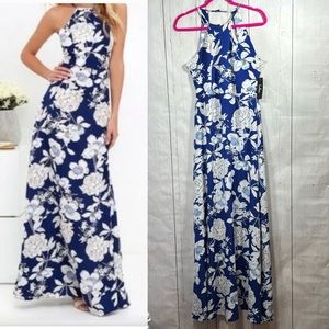 Lulus Blossom Floral Print Halter Sleeveless Summer Blue White Long Maxi Dress